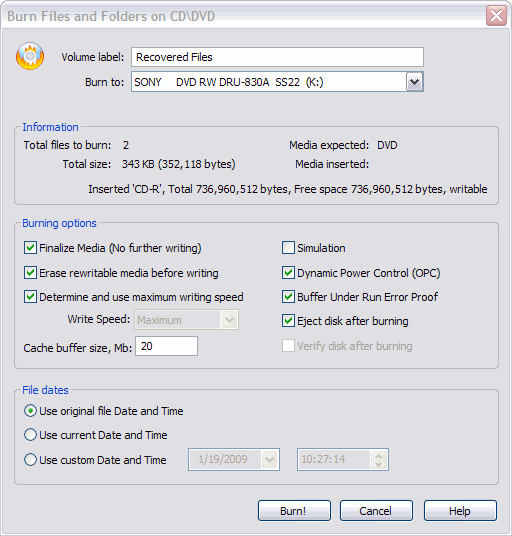 Burn button in Recovery Toolbox View