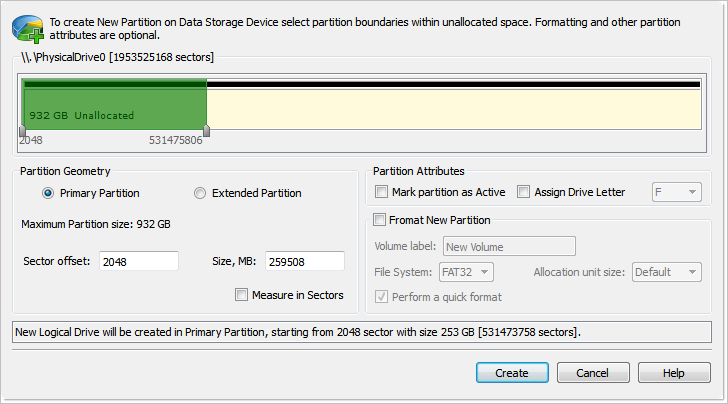 Create Partition dialog