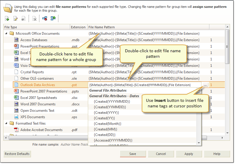 File renaming patterns by File Type. Active UNERASER