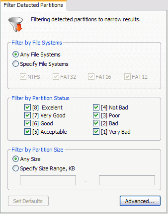Filter detected partitions